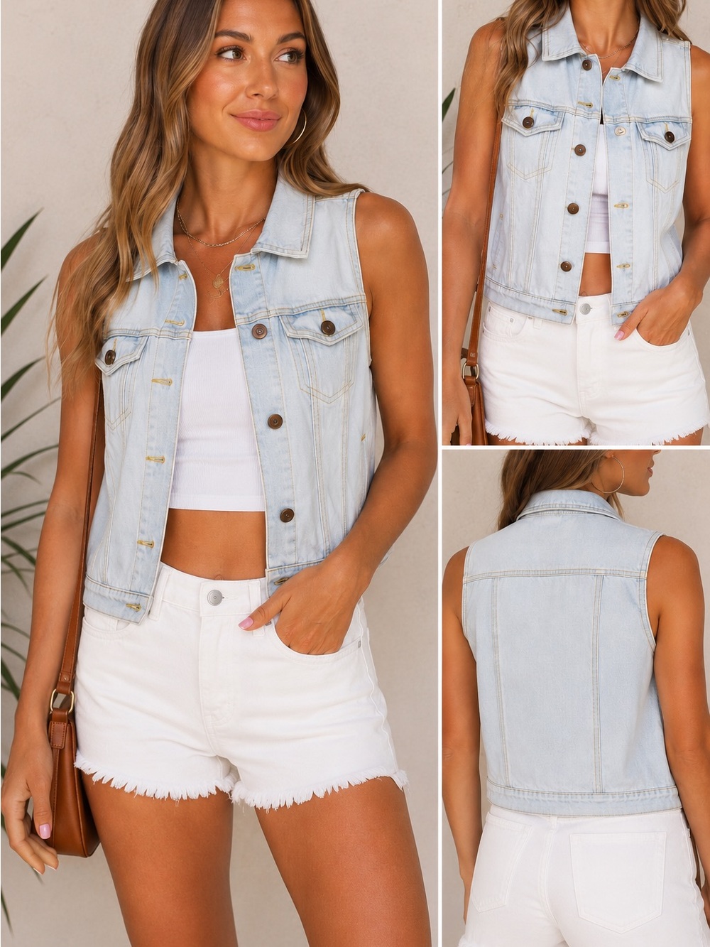Quinn Light Wash Denim Vest Small Button Front Jean Jacket Sleeveless Casual